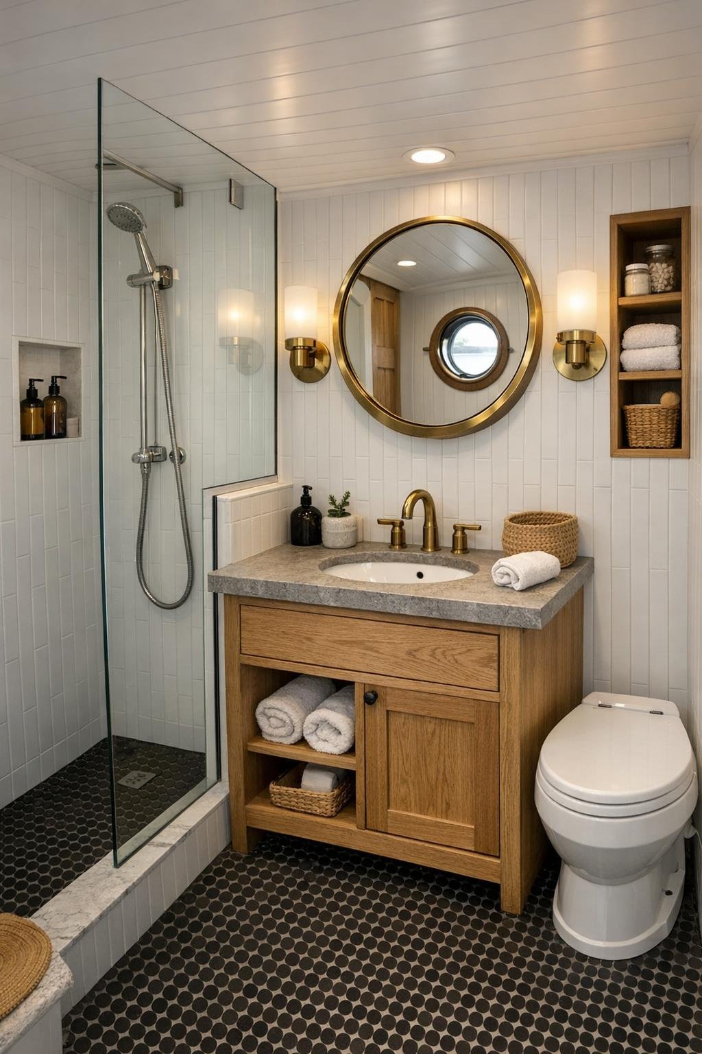 Small houseboat bathroom with white tile, oak vanity, and brass mirror