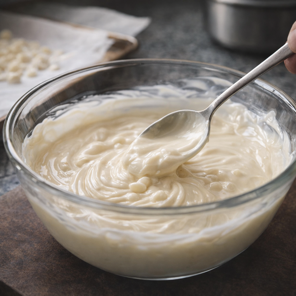 Melted white chocolate being stirred in a bowl