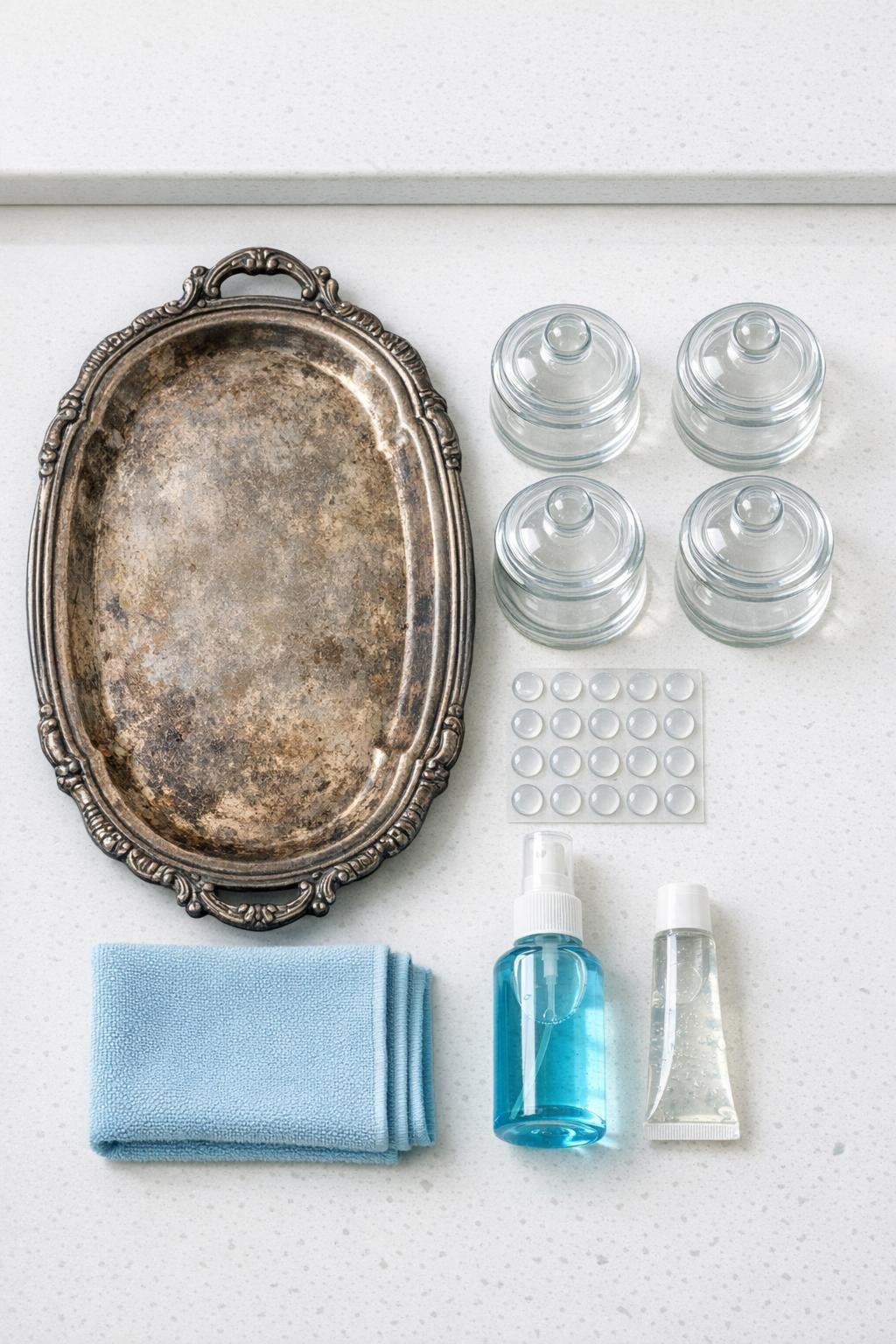 Materials for making a bathroom tray organizer laid out together