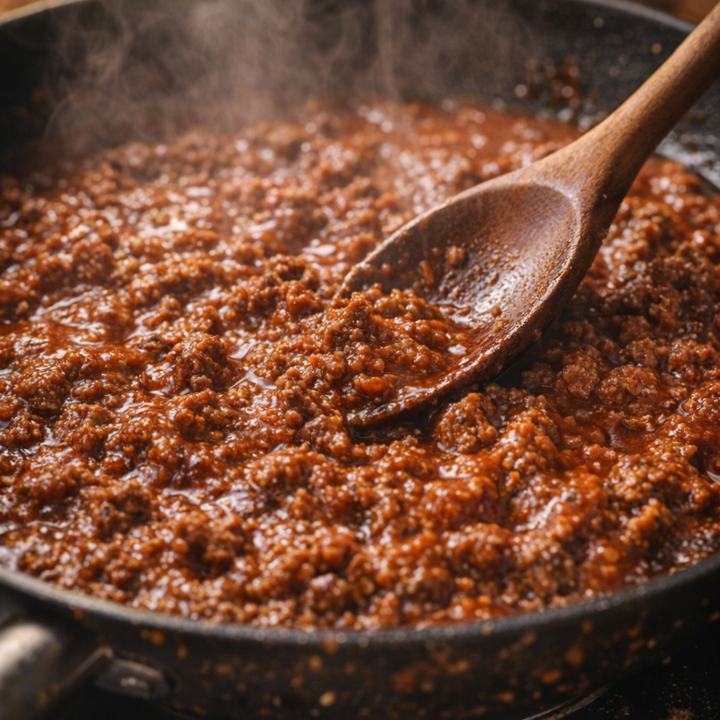 Ground beef simmering with marinara in a skillet