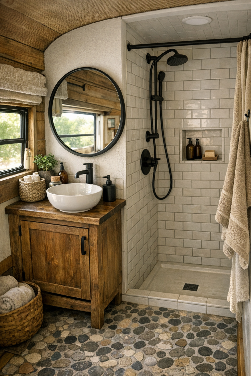 Compact rustic bus bathroom with wood vanity and tiled shower