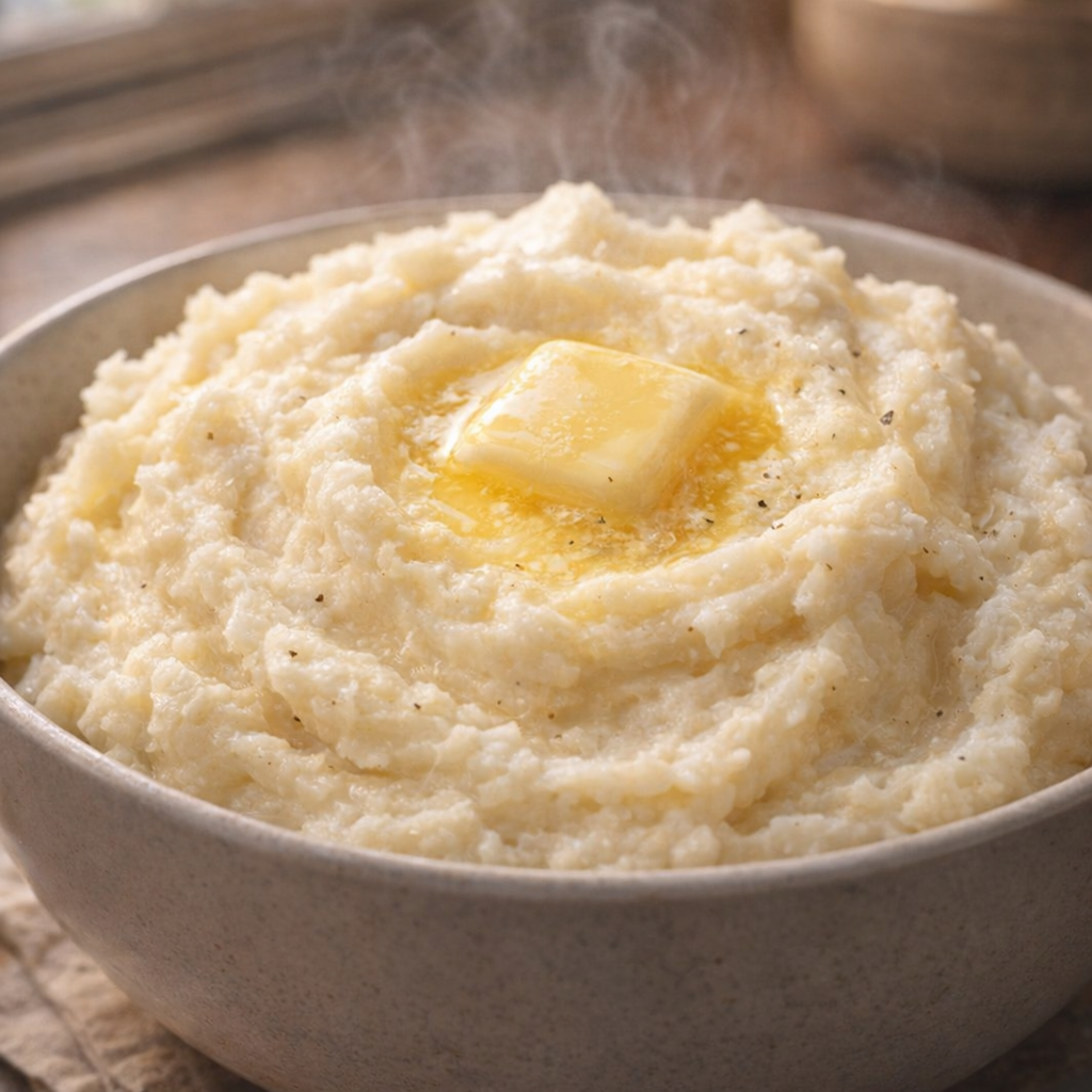 Bowl of mashed potatoes with butter melting into the top