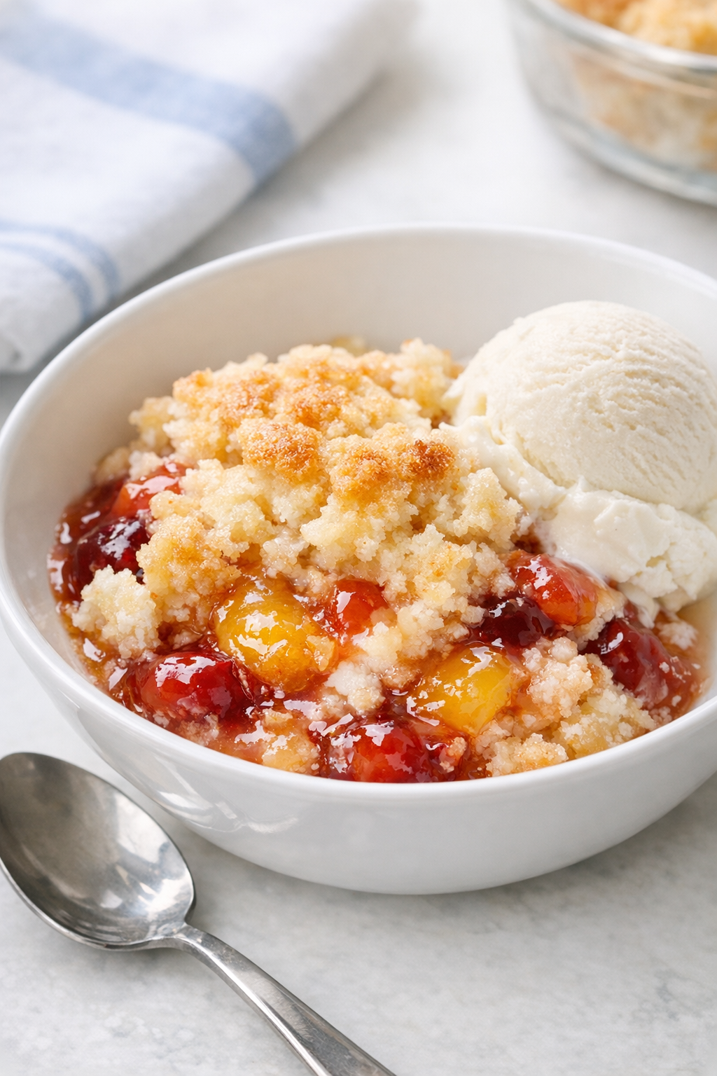 Plated slow cooker dessert served warm with ice cream
