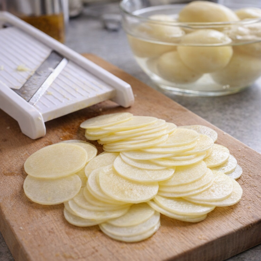 Thinly sliced potatoes beside a mandoline