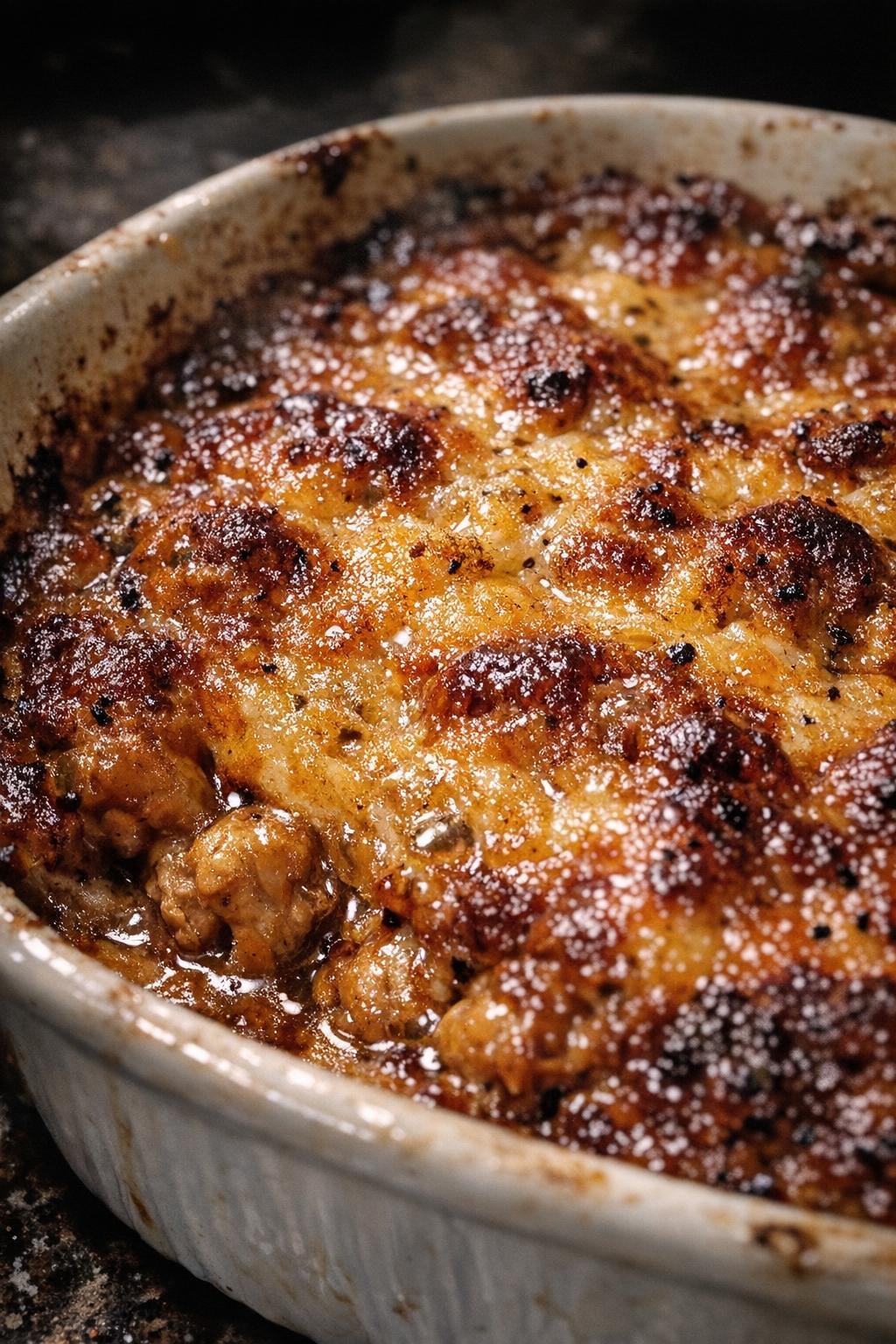 Bubbly baked casserole in a ceramic dish with a golden crust