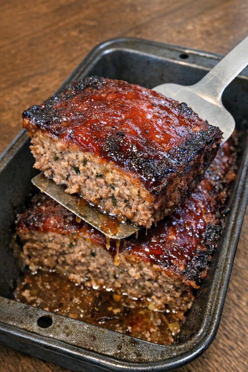 Finished meatloaf with ketchup glaze and sliced end piece