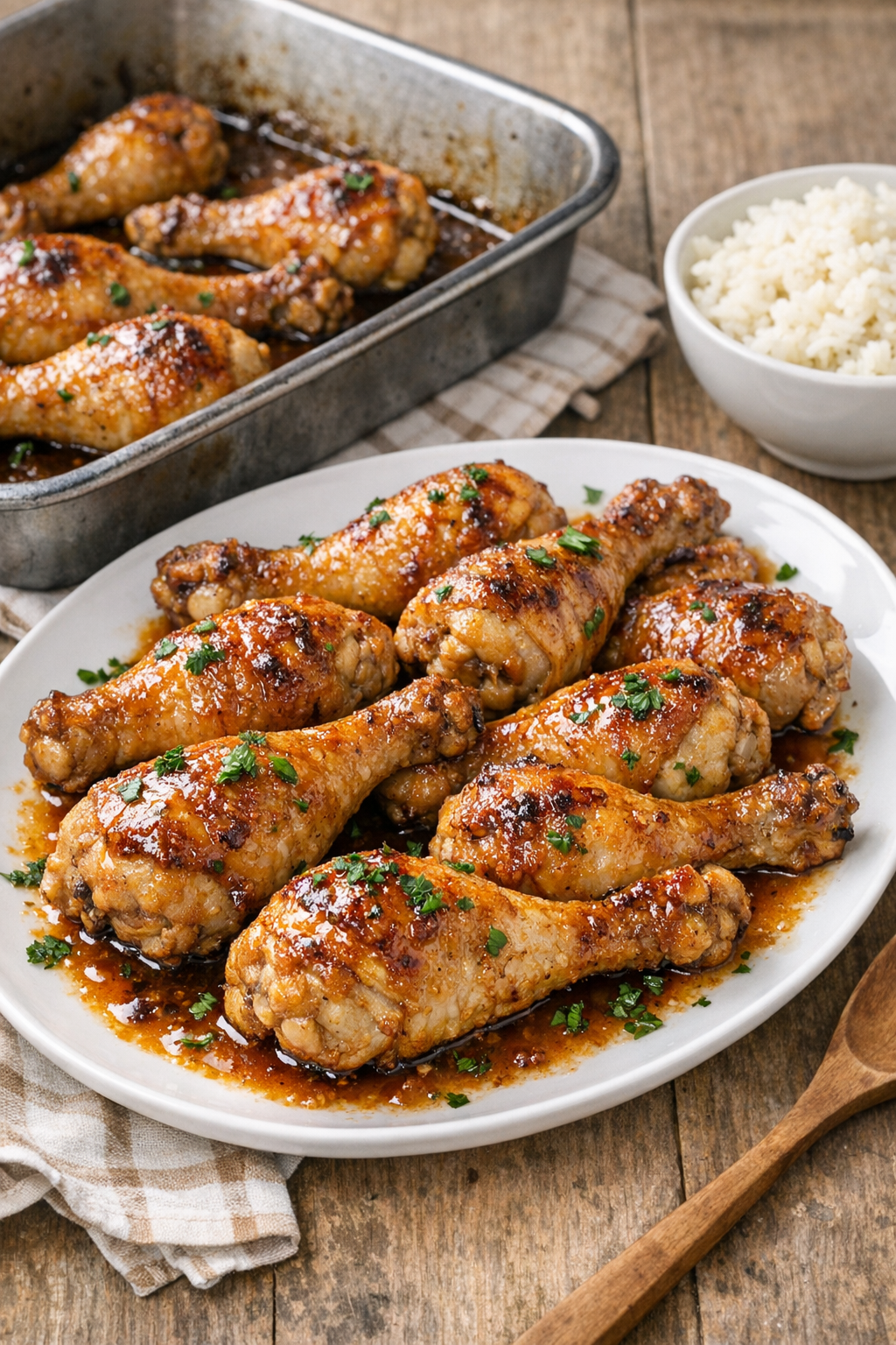 Baked glazed chicken drumsticks on a platter
