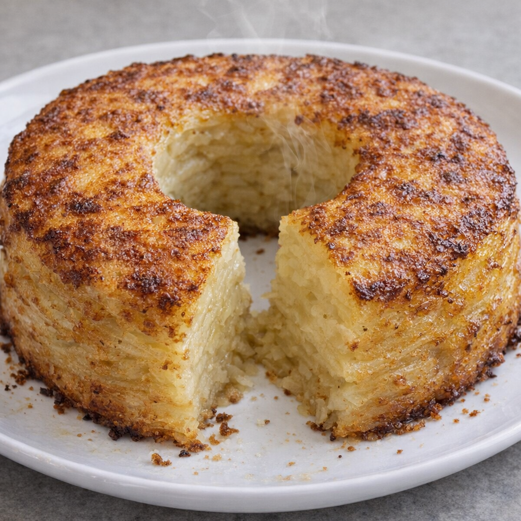 Freshly unmolded potato ring on a serving plate