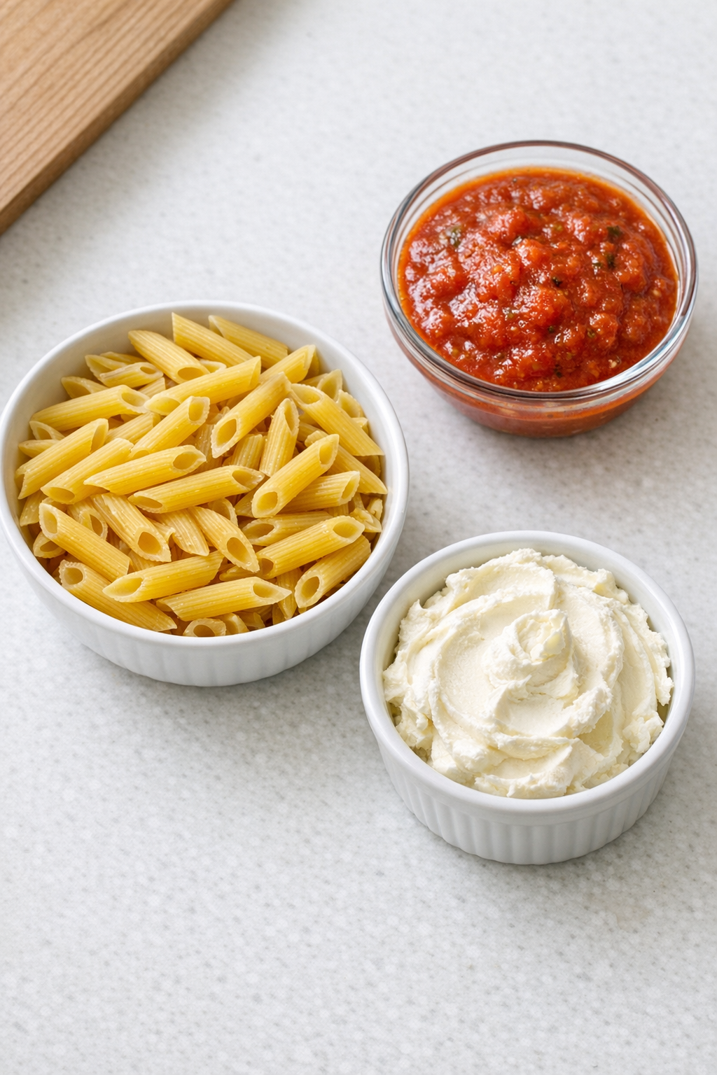 Penne, mascarpone, and marinara ingredients
