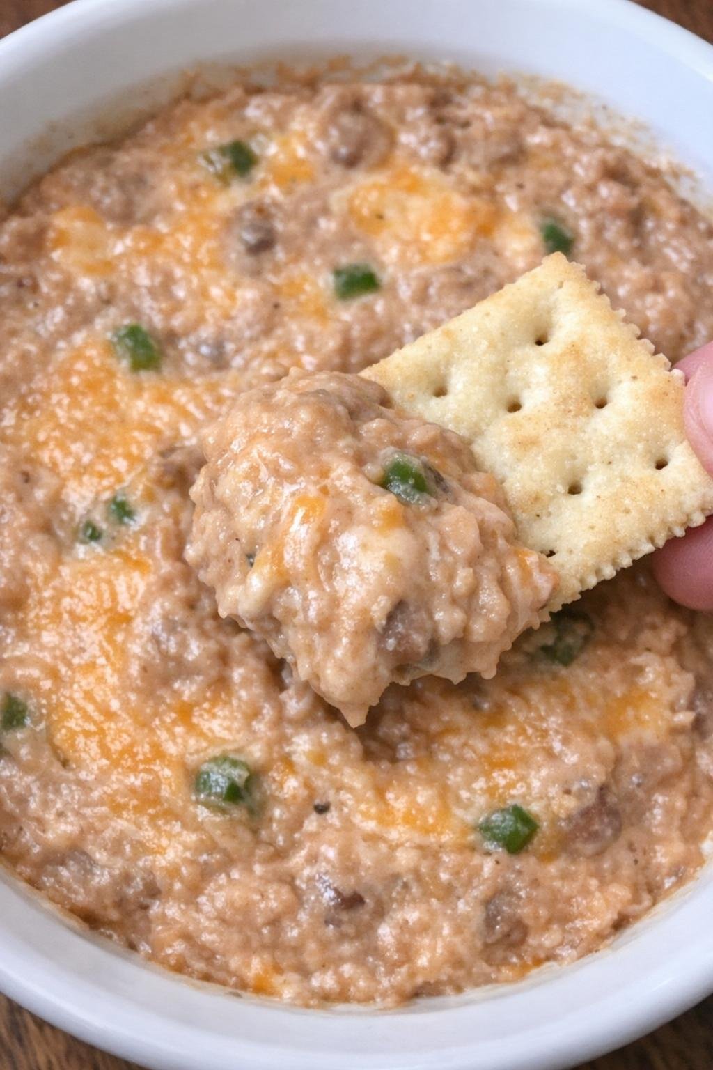 3-ingredient bean bradford dip with cracker lifting a scoop