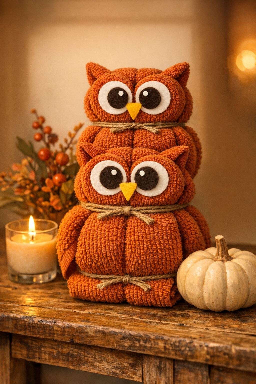 Finished washcloth owl trio displayed as cozy fall decor