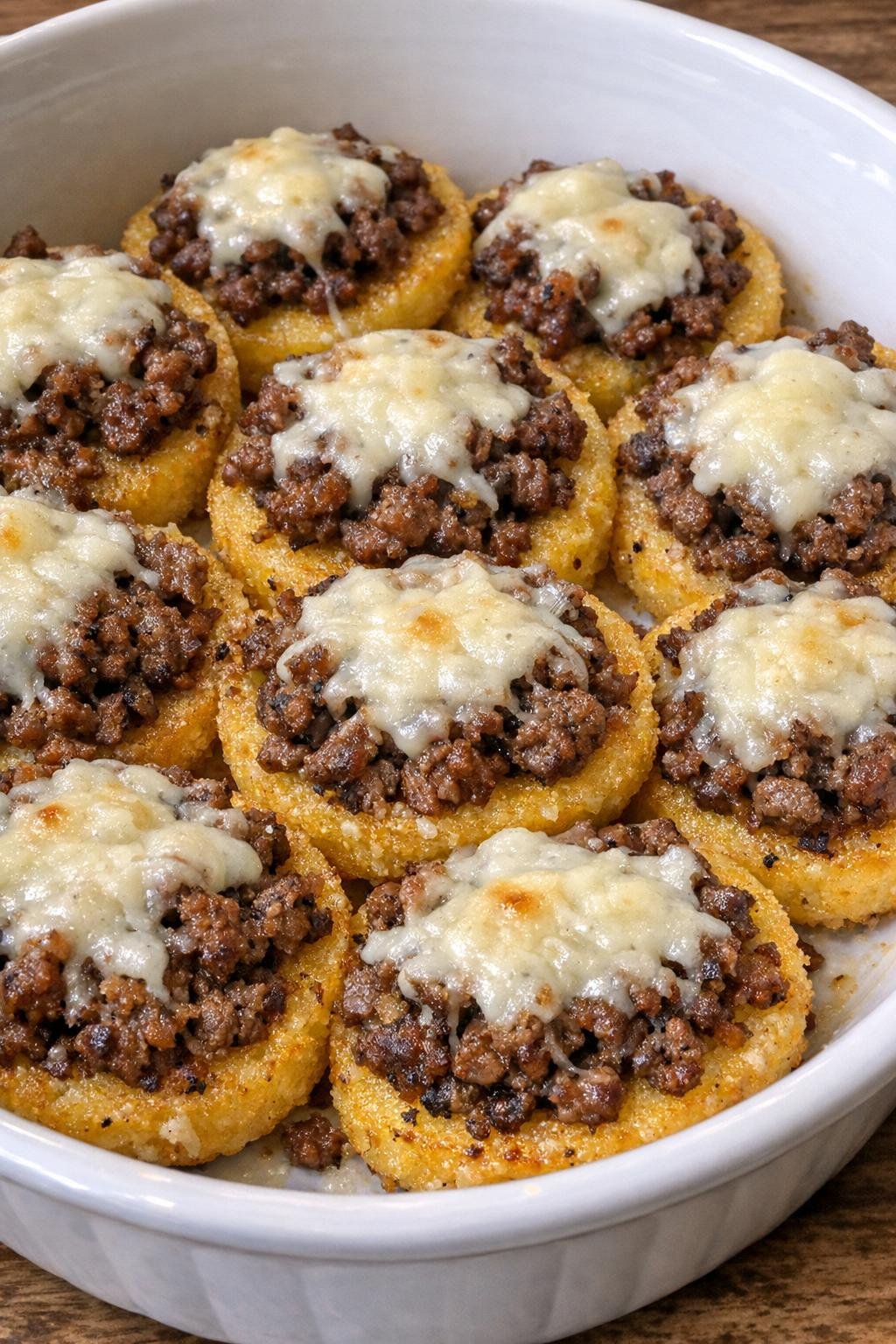 Oven baked beef polenta rounds in a white ceramic serving bowl