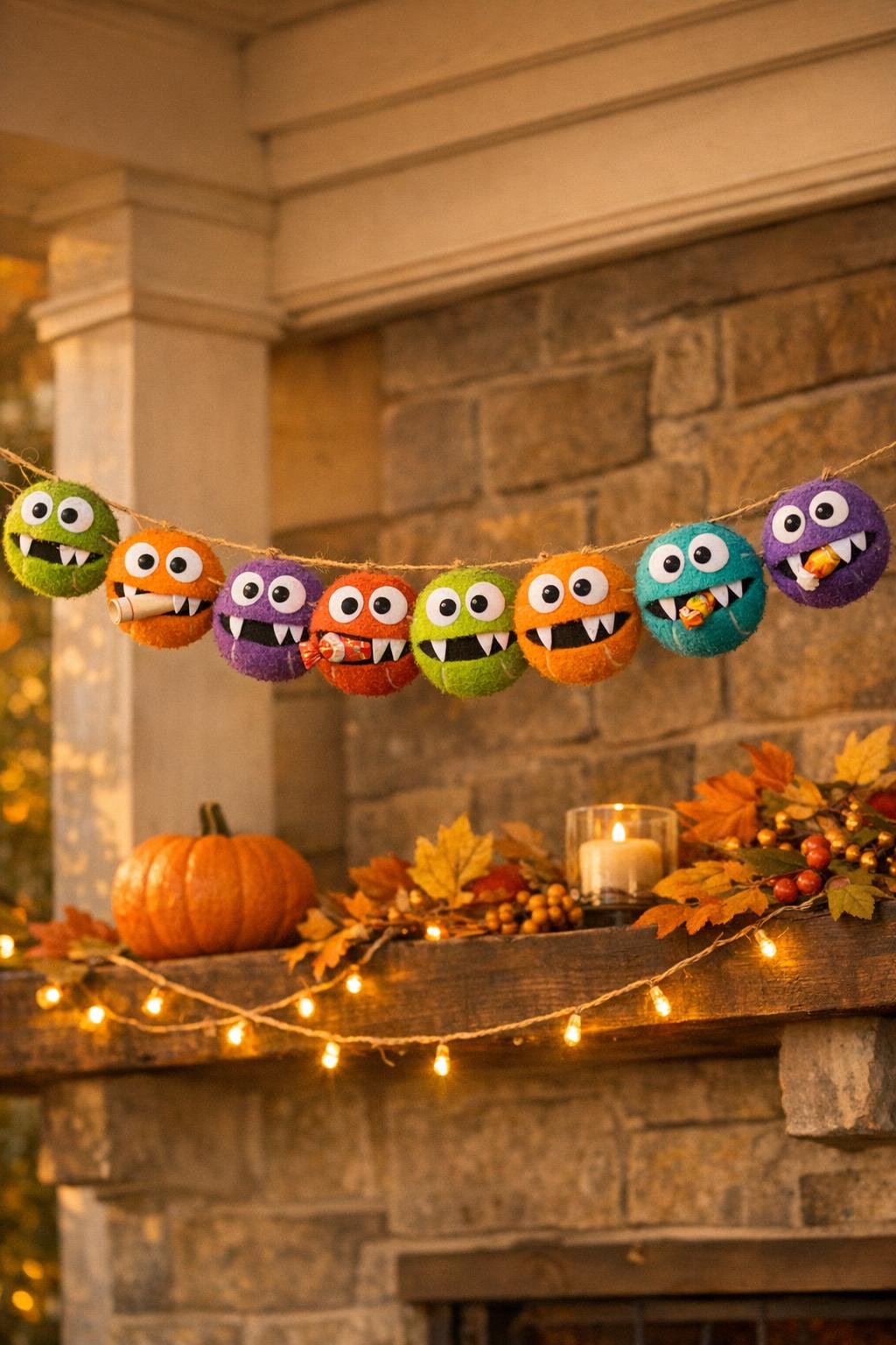 Completed monster garland made from painted tennis balls
