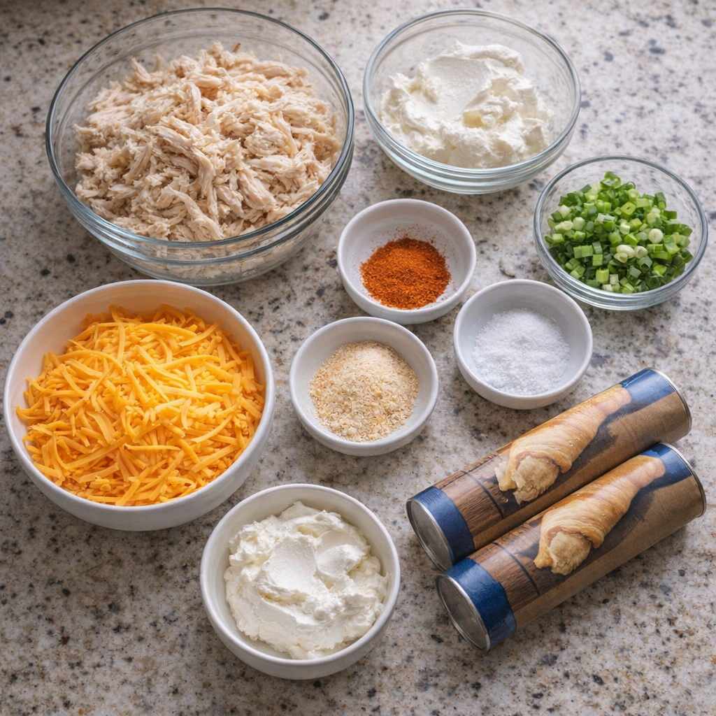 Ingredients for chicken stuffed crescent rolls laid out on a counter