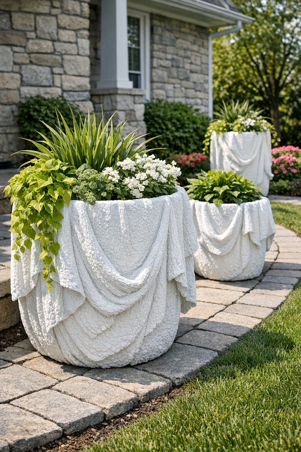 Finished textured white concrete front yard planters displayed outdoors