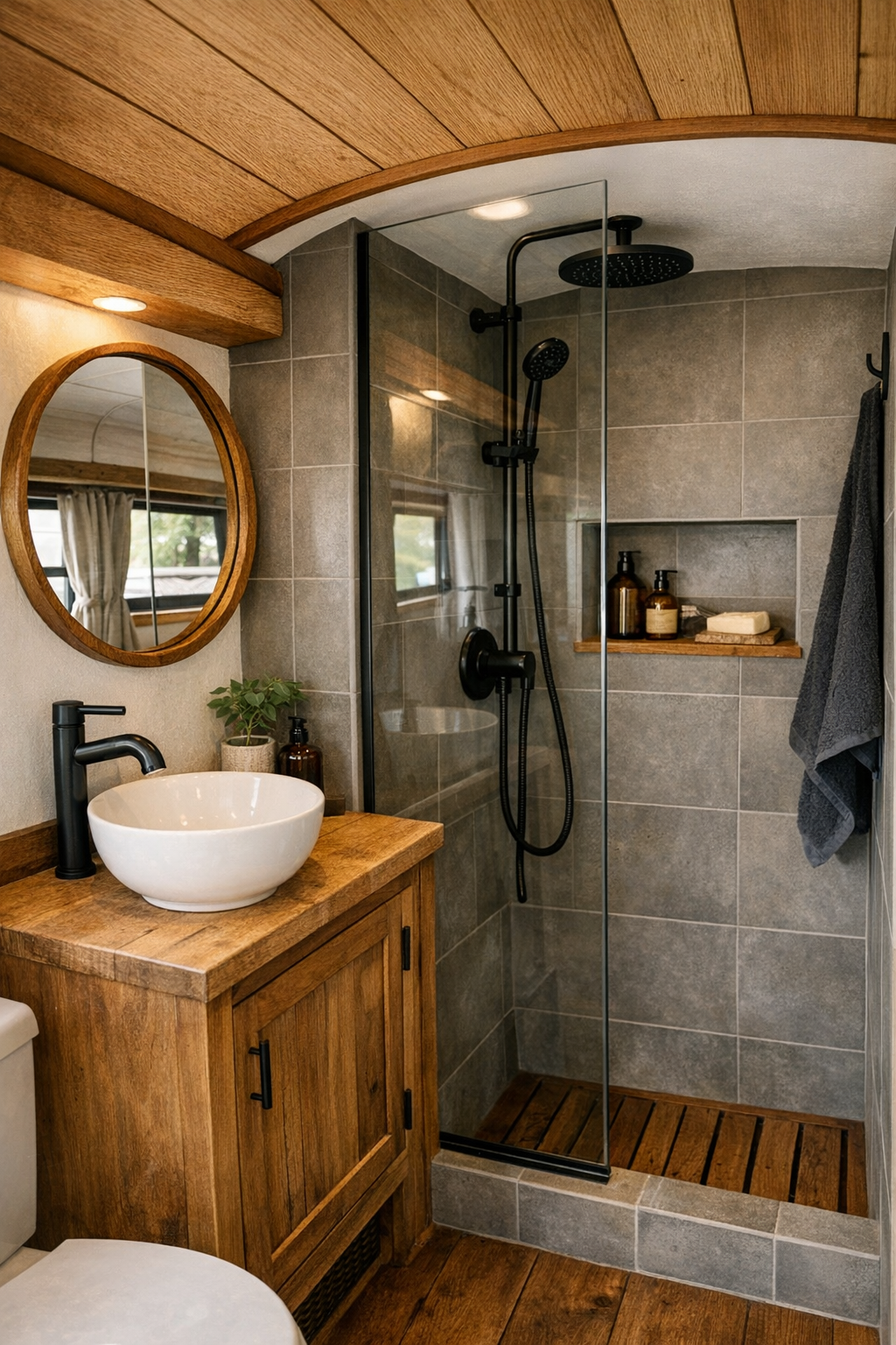 Compact rustic bus bathroom with matte tile and black fixtures