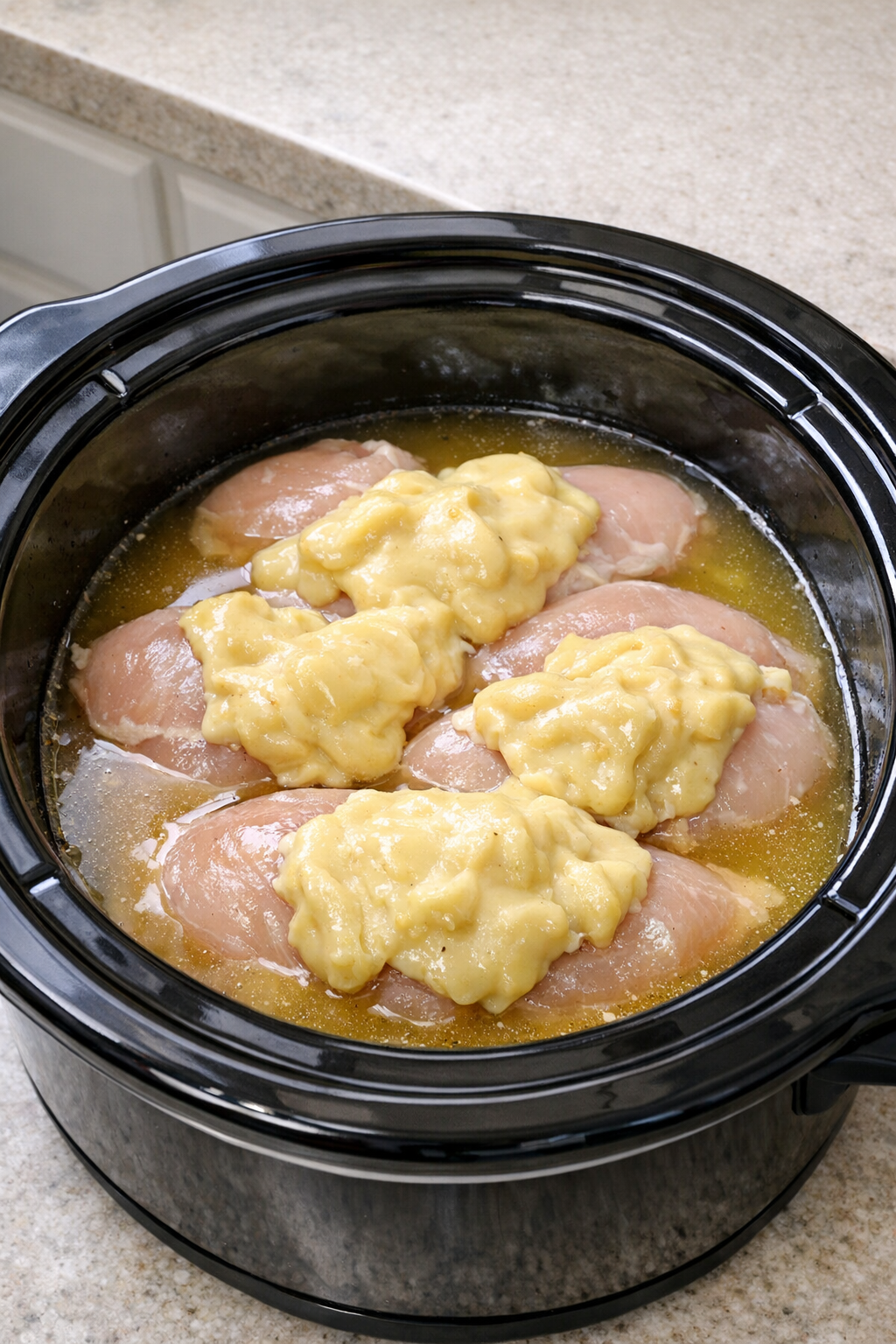 Chicken, soup, and broth in a slow cooker before cooking