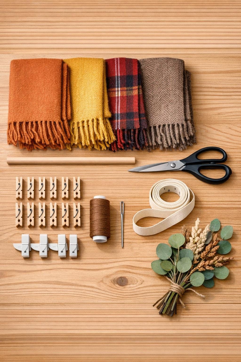 Materials for a wool scarf fall wall hanging laid out neatly