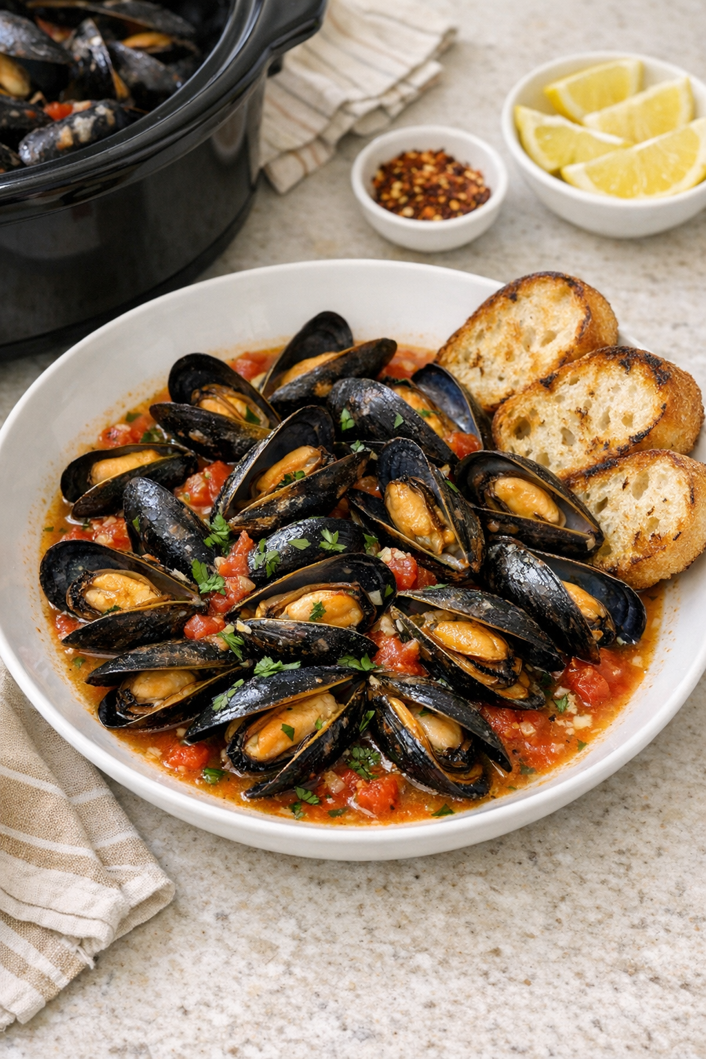 Finished bowl of slow cooker mussels