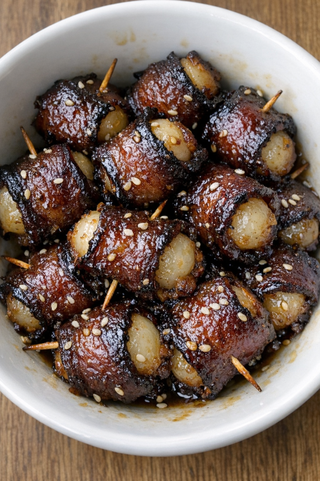 Close up of baked beef wrapped water chestnuts