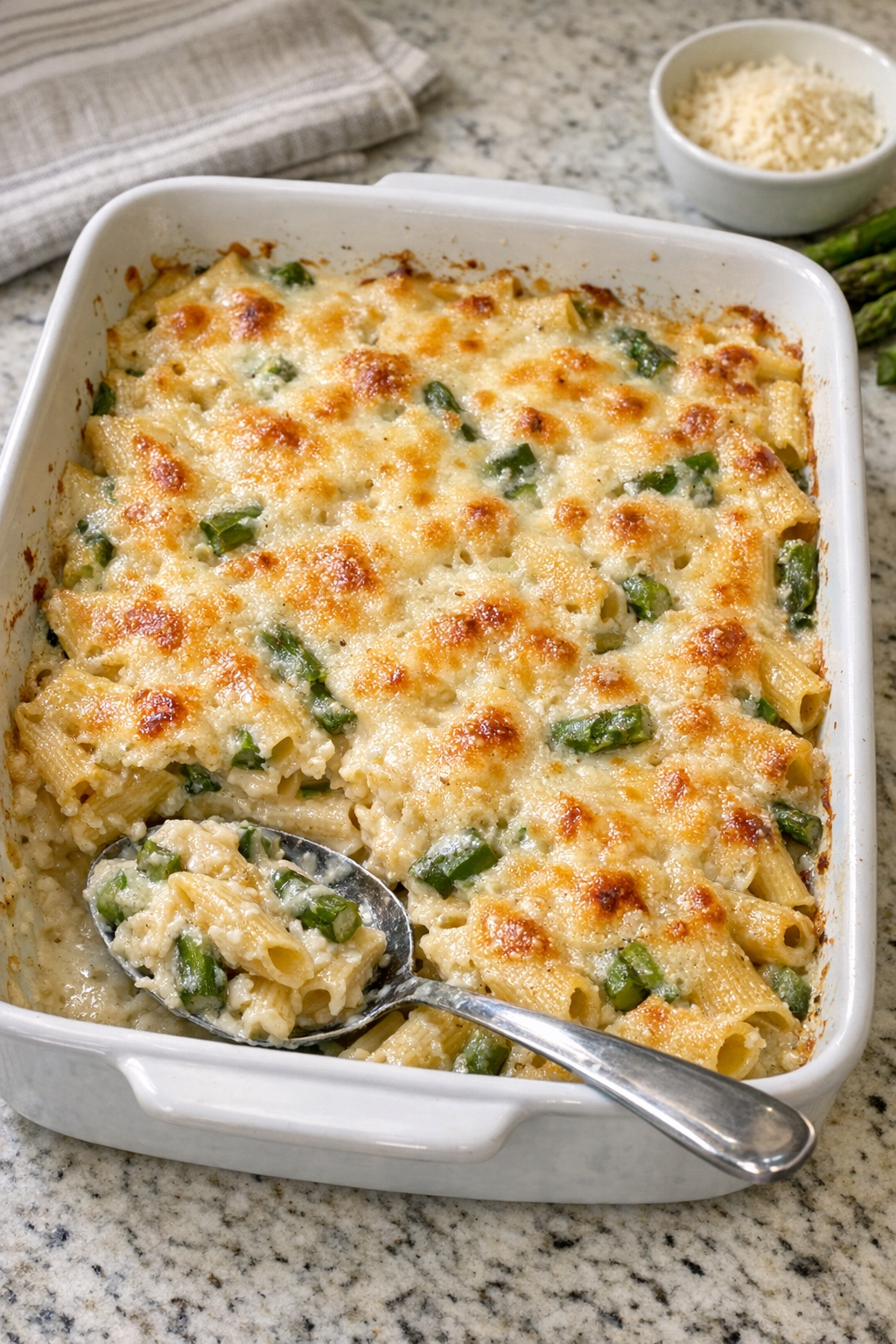 Finished asparagus pasta bake in a ceramic baking dish