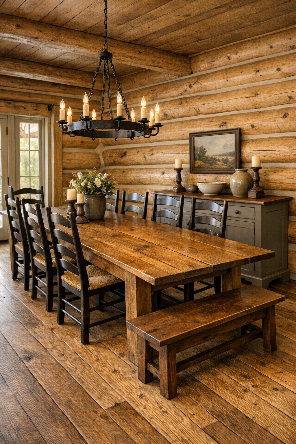 Rustic dining room with long wood table and iron chandelier