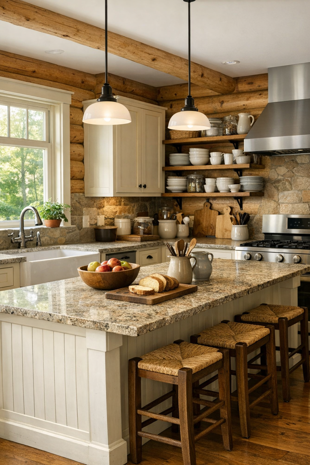 Country log home kitchen with creamy cabinetry and large island