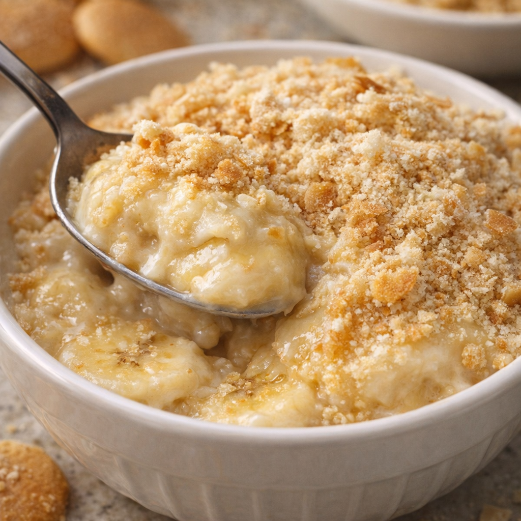Banana pudding topped with crushed vanilla wafers