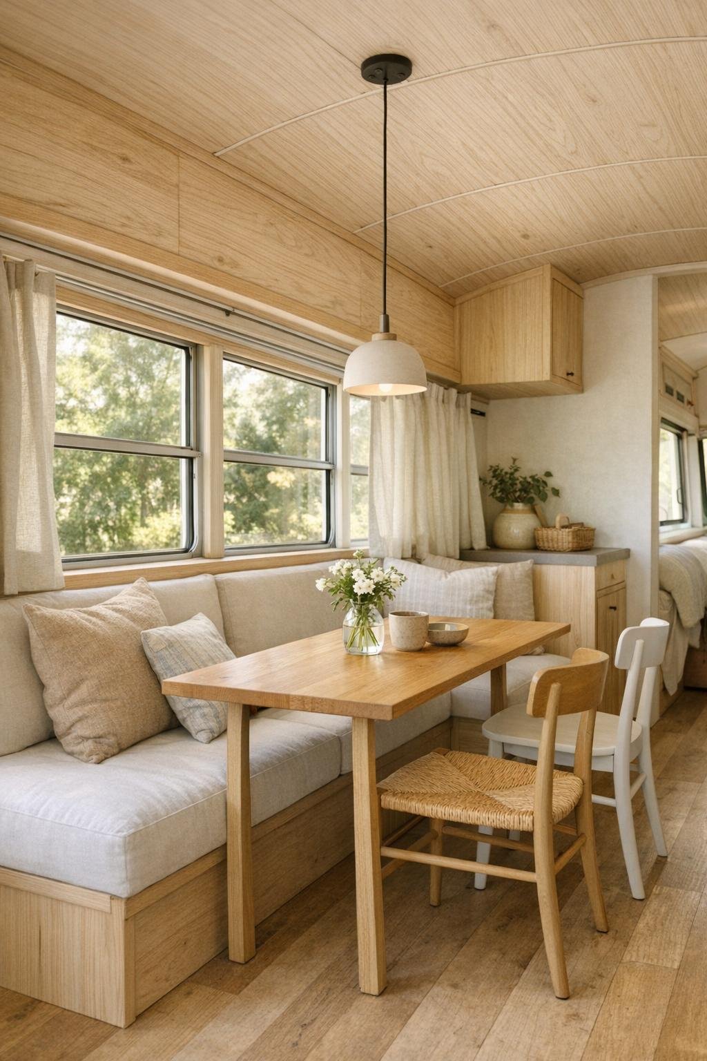 Small bus dining nook with built-in banquette and wood table