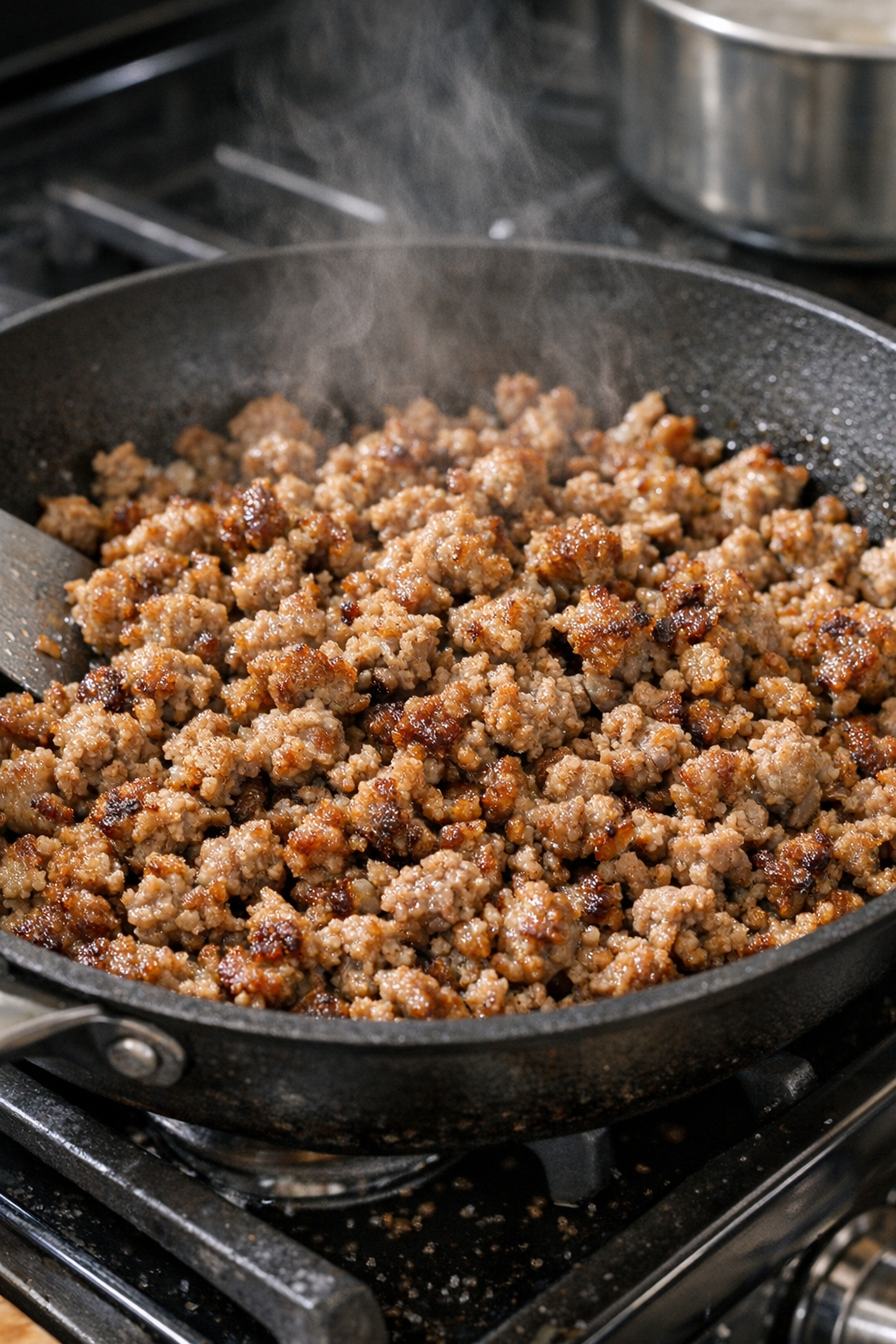 Browned pork sausage in a skillet
