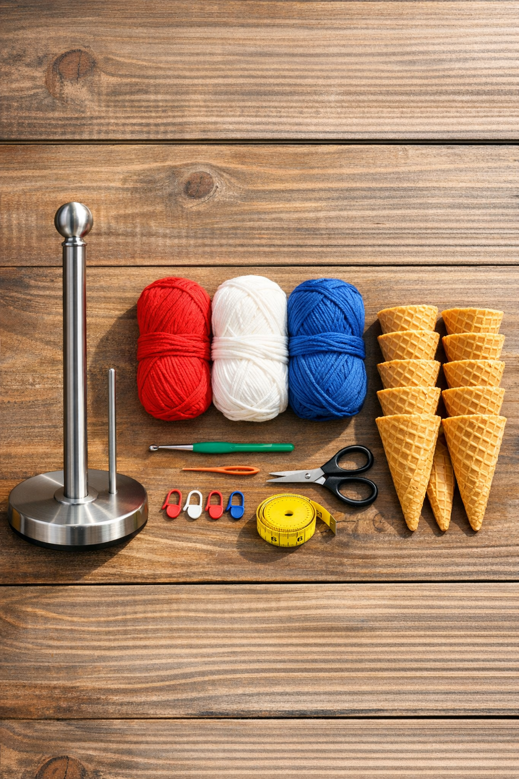 Materials for a patriotic crochet ice cream cone holder laid out on a table