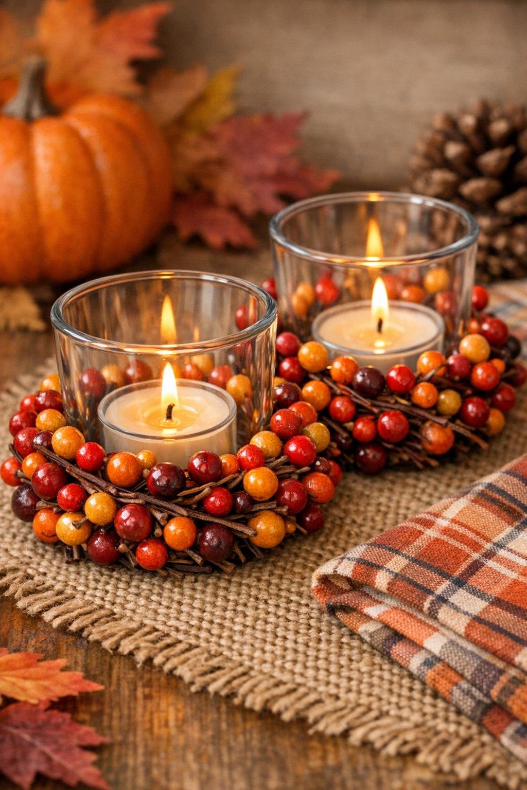 Finished fall berry candle rings around glass votives on a table