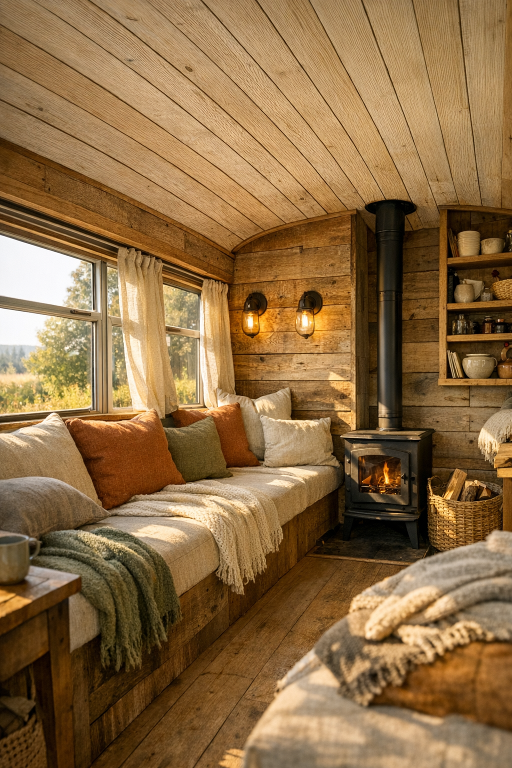 Rustic bus living room with built-in bench seating and warm wood finishes