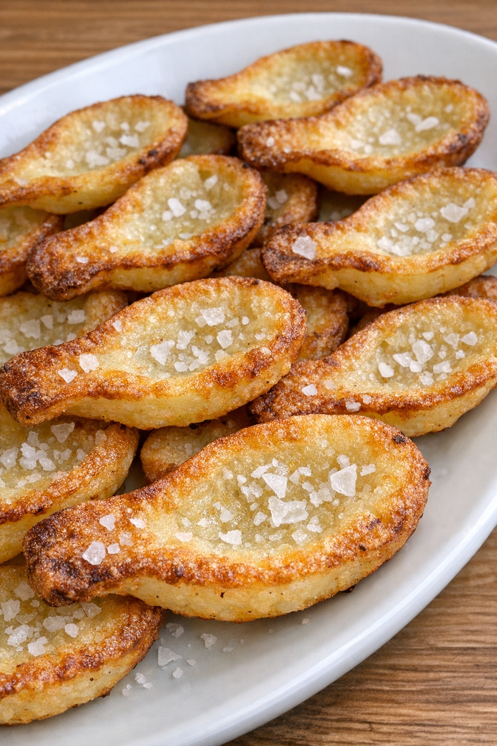Golden crispy potato spoon-shaped bites on a white oval platter