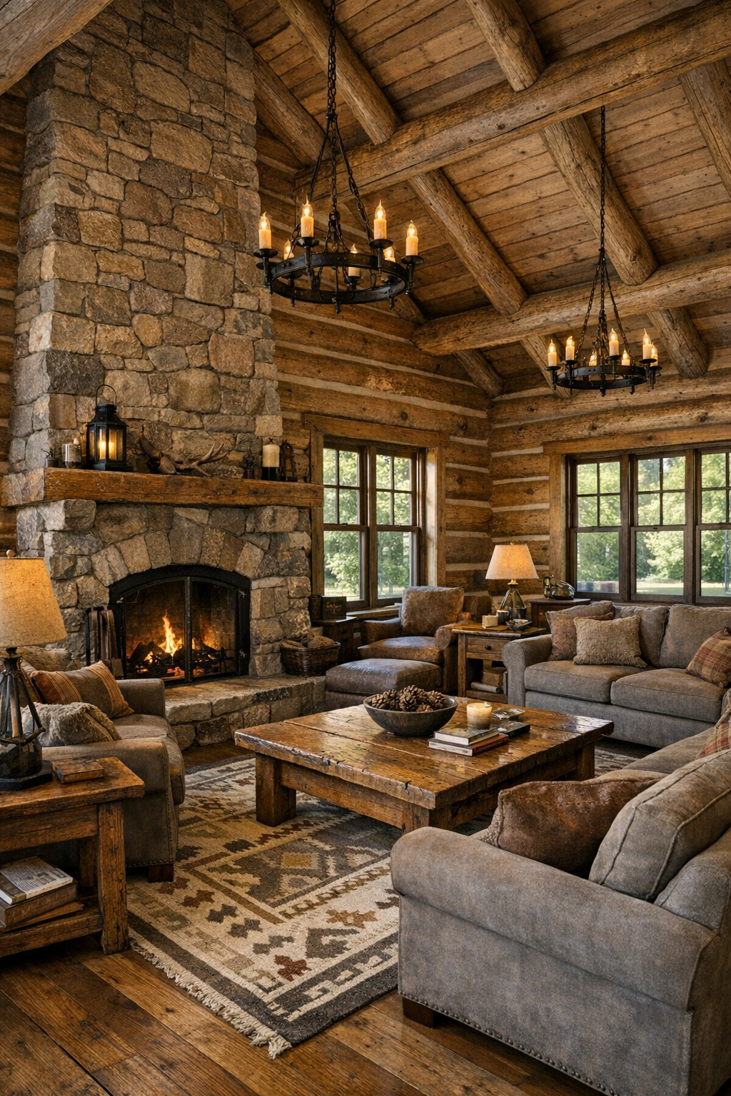 Warm log home living room with a stone fireplace, exposed beams, and handcrafted wood furniture