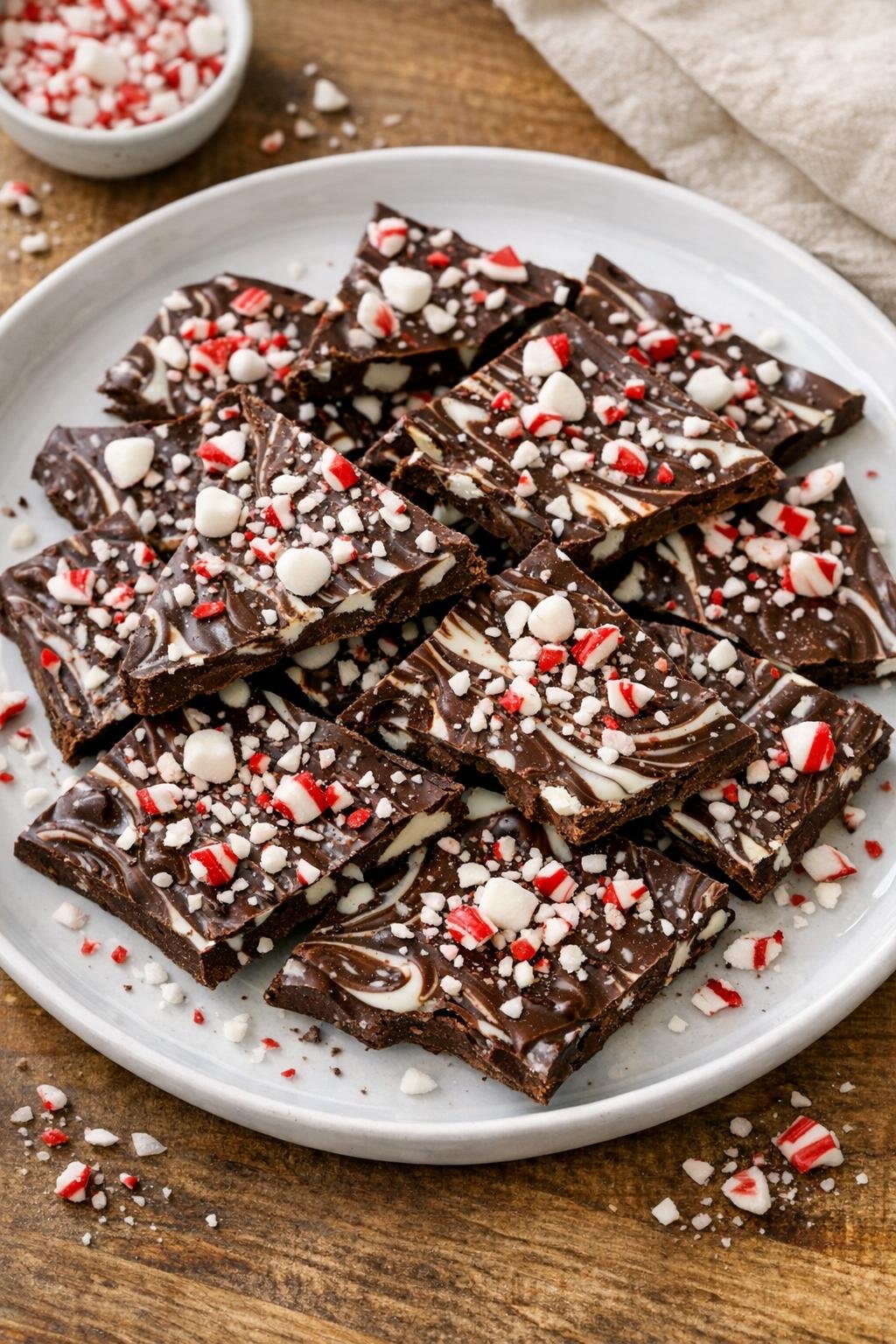Finished peppermint chocolate bark on a serving plate