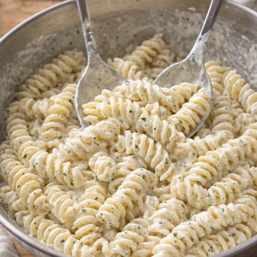 Rotini tossed with ranch dressing