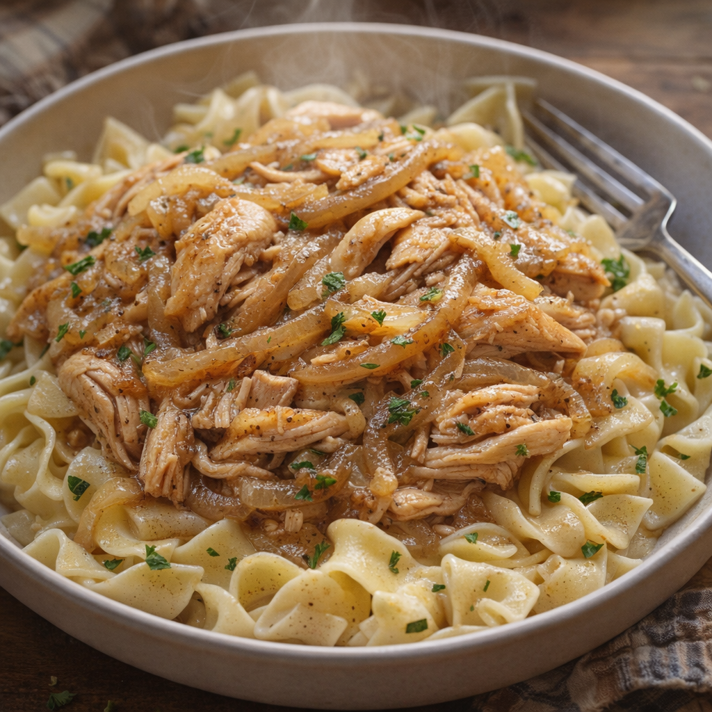 Shredded chicken and onions served over buttered noodles