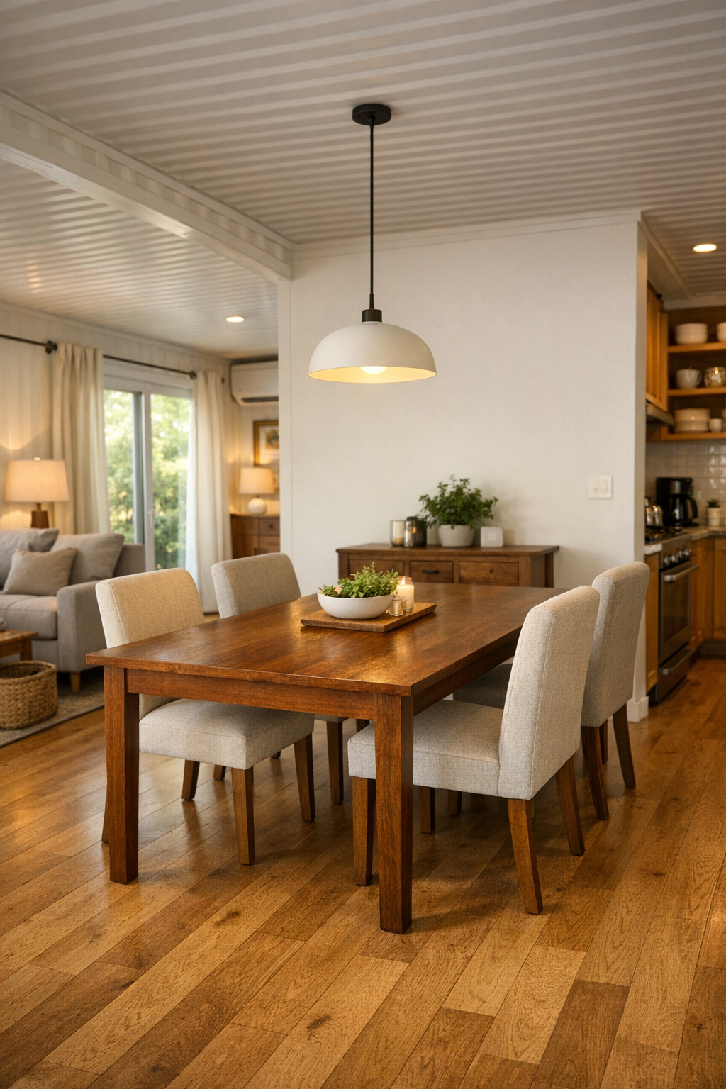 Open dining area with wood table, upholstered chairs, and soft pendant lighting
