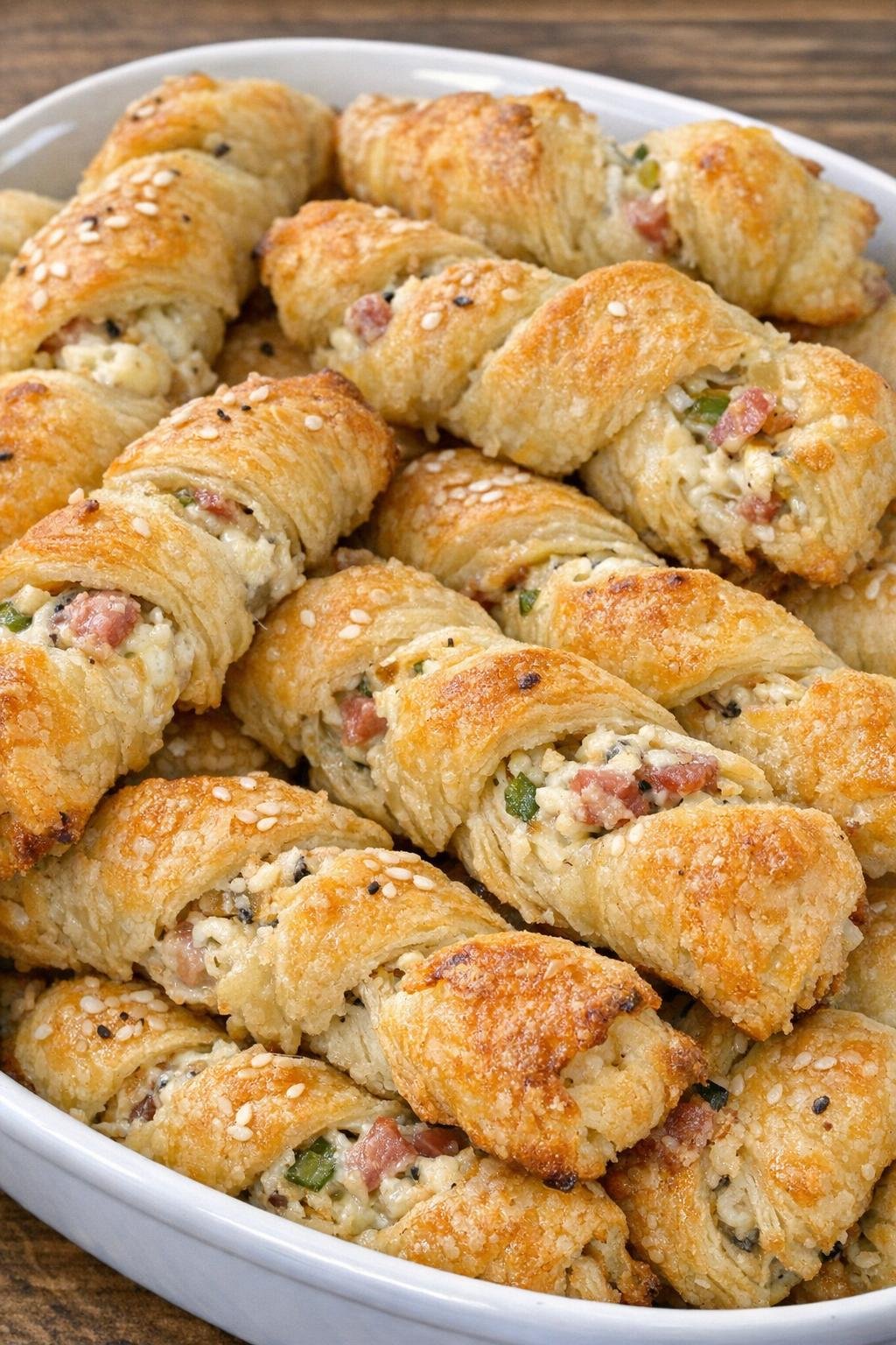 Golden flaky savory stuffed pastry twists in a serving dish