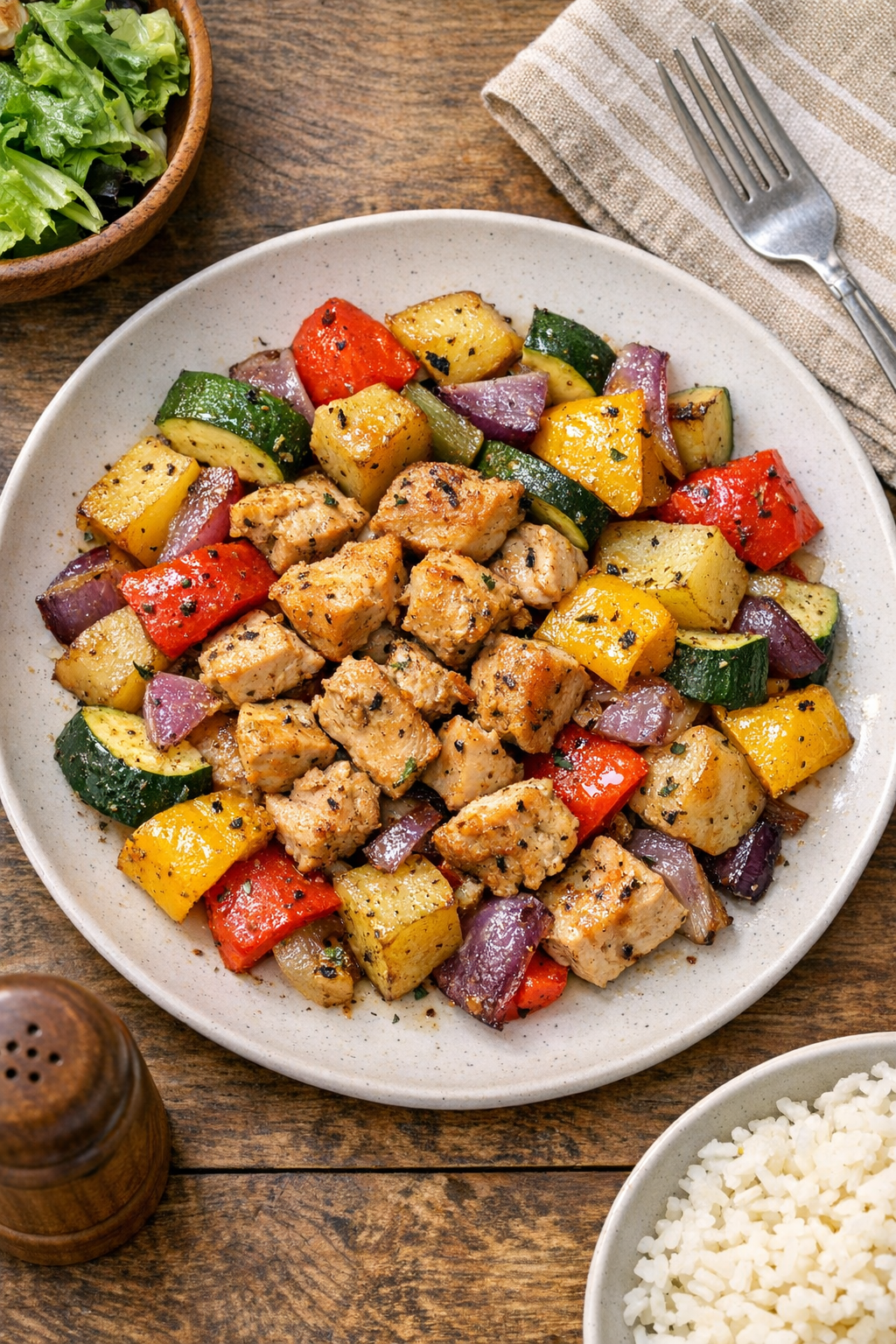 Finished baked diced chicken and vegetables on a sheet pan