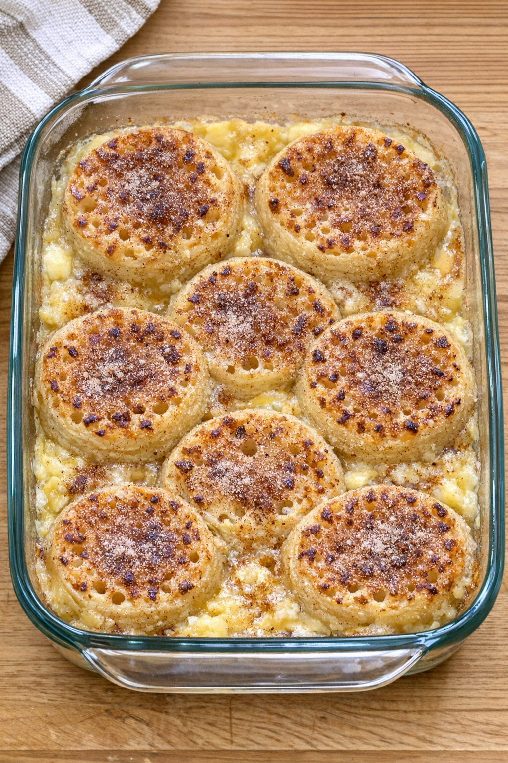 Baked crumpet dessert in a glass casserole dish