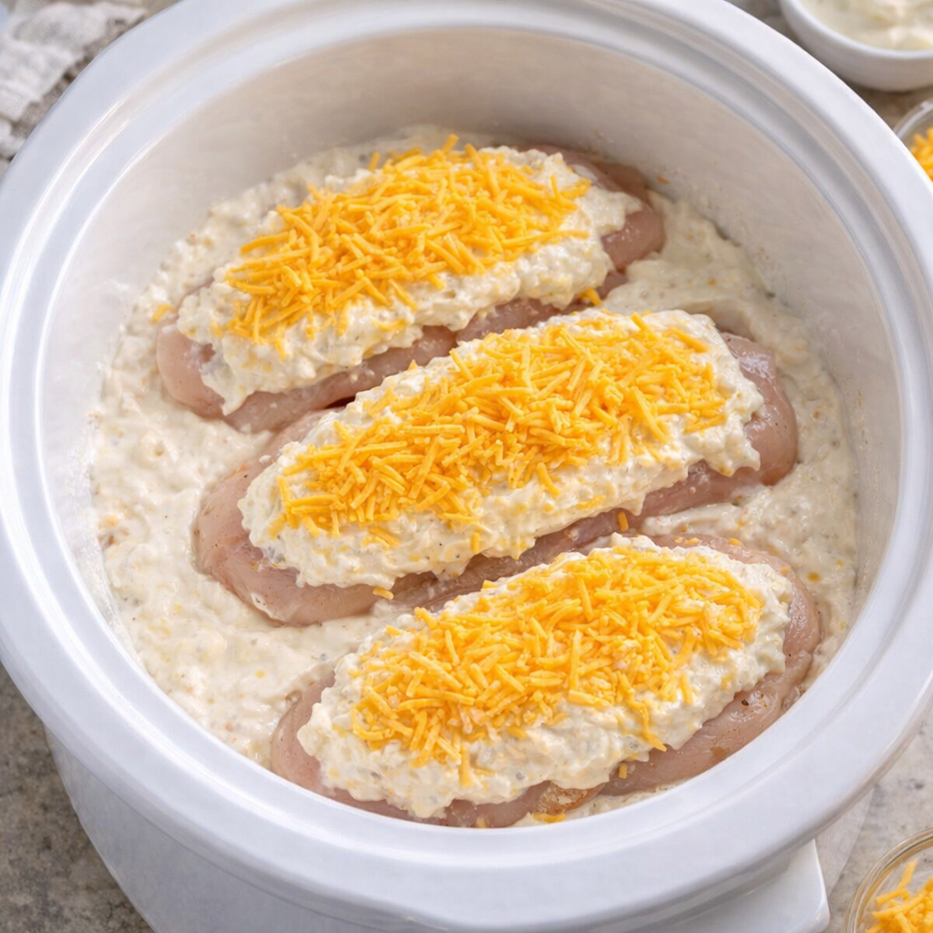 Slow cooker layered with chicken and cheddar topping before cooking