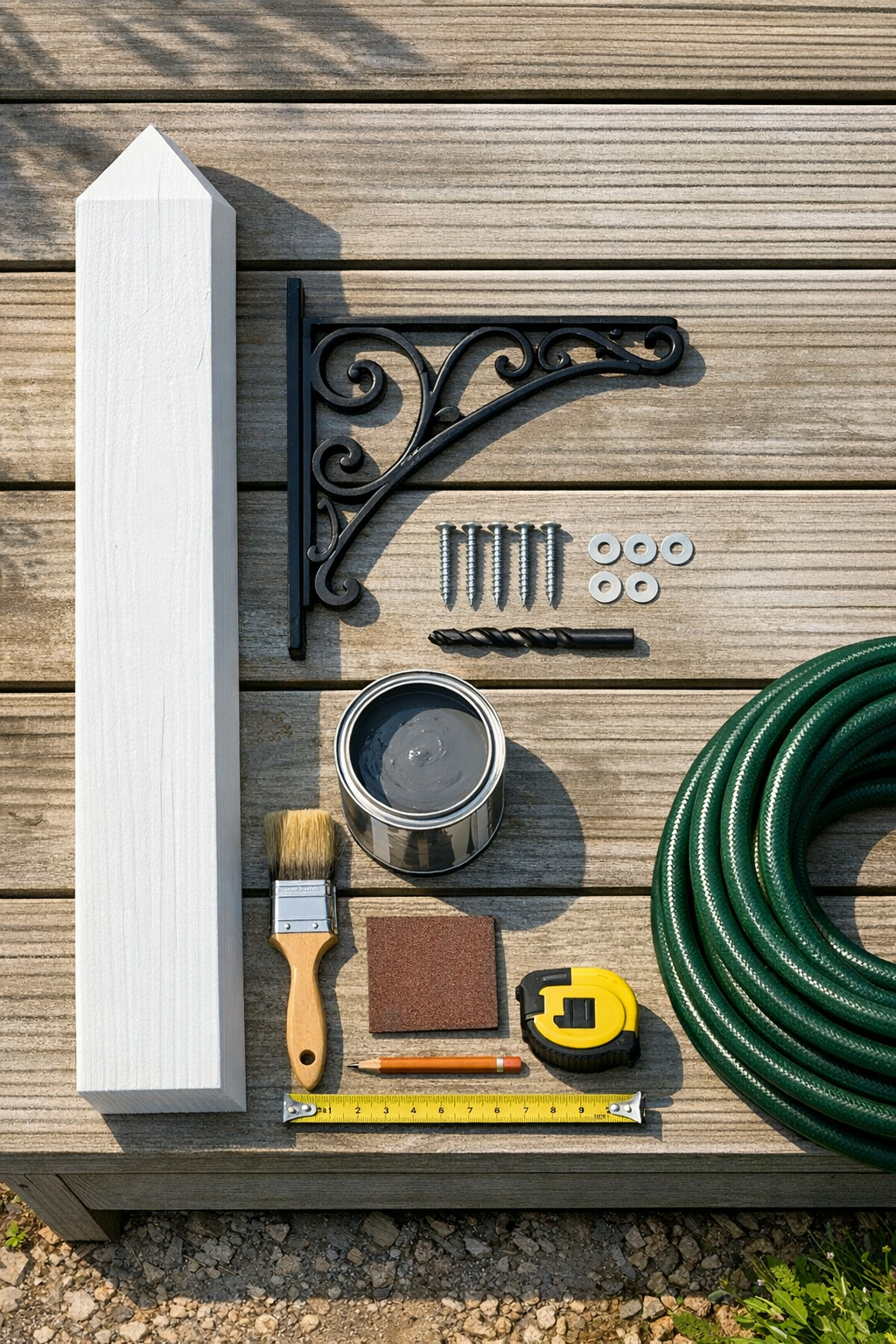 Materials for building a garden hose holder laid out together