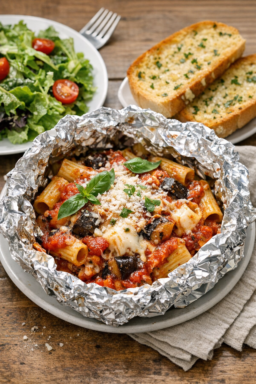 Finished eggplant parmesan pasta packet served warm