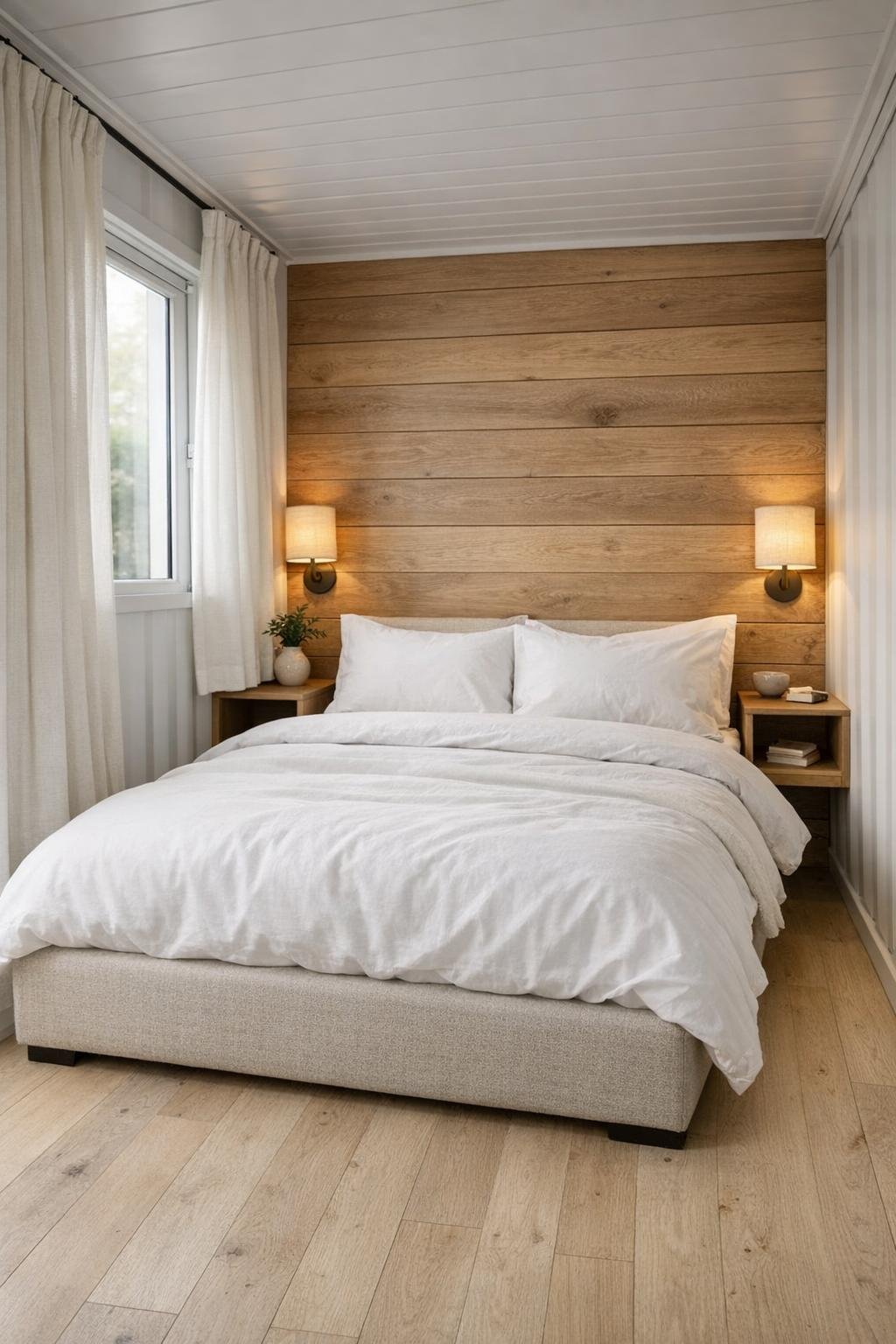 Cozy container home bedroom with an upholstered bed, wood accent wall, and soft neutral bedding