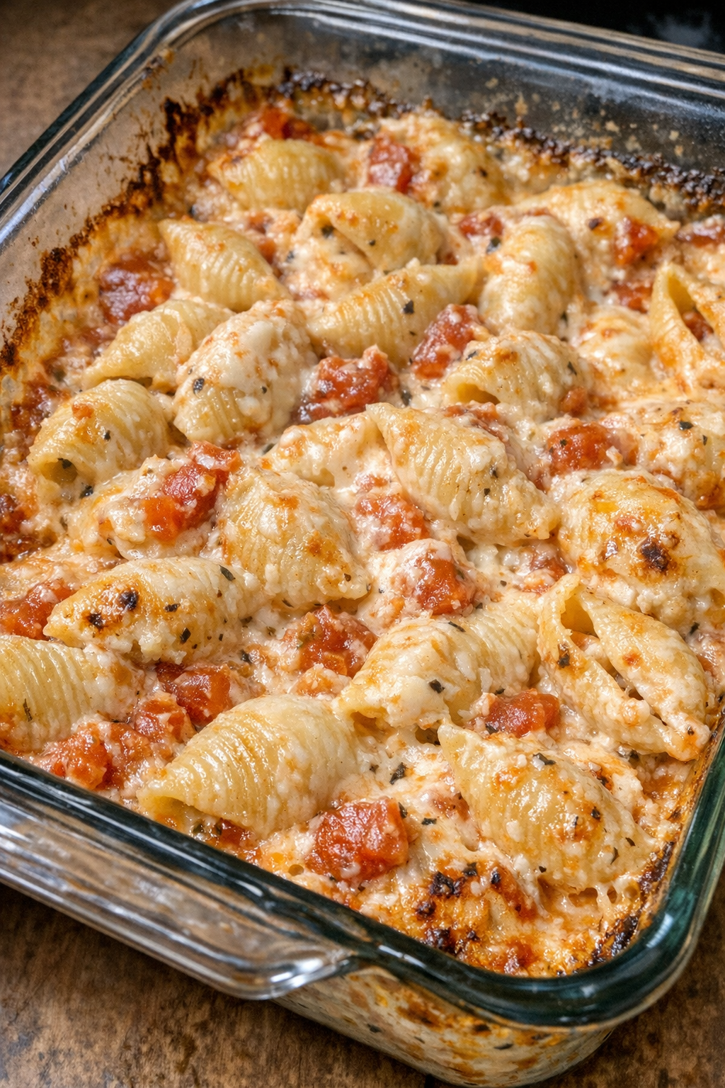Creamy baked pasta shells in a glass baking dish