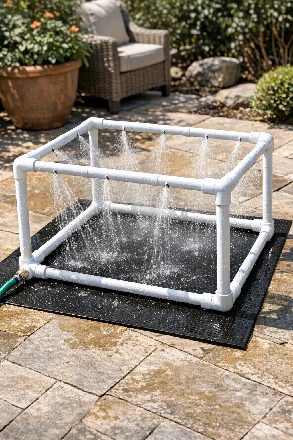 Finished DIY outdoor pet cooling station on a patio