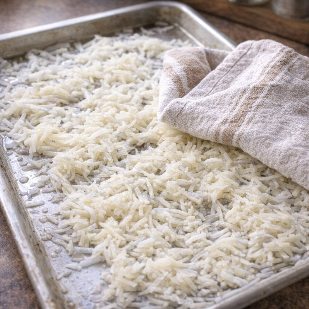 Thawed hash browns being dried on a sheet pan