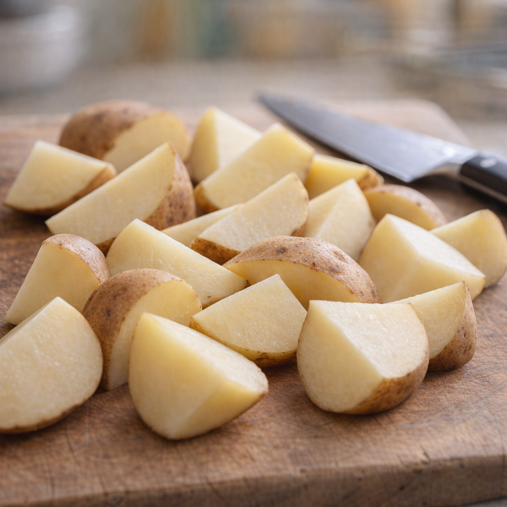 Detailweergave van rauwe aardappelpartjes op een snijplank